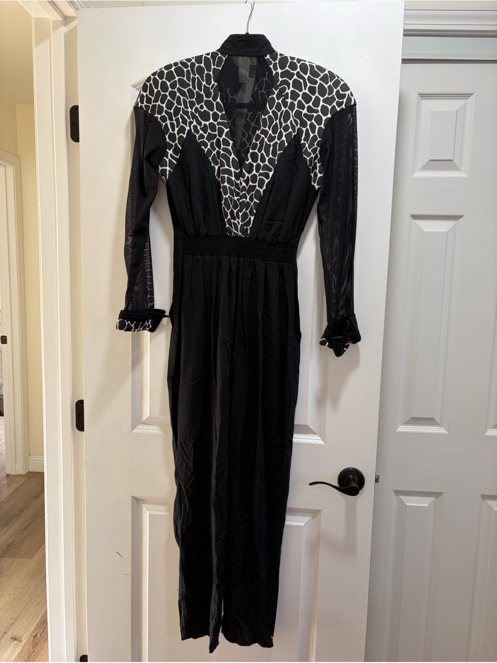 VTG 1980s Caché Animal Print Mock Neck Mesh Sleeve Jumpsuit Boning Detail S